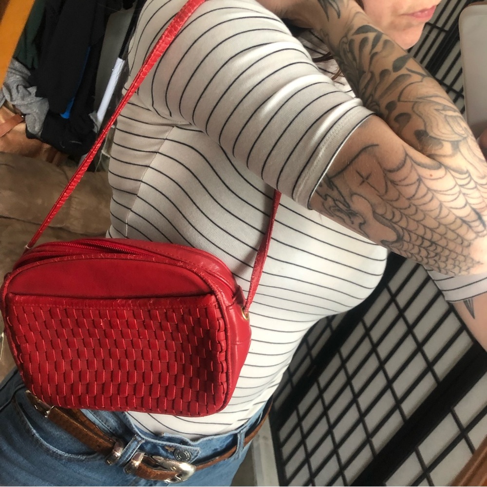 Vintage Red Woven Leather Crossbody Bag